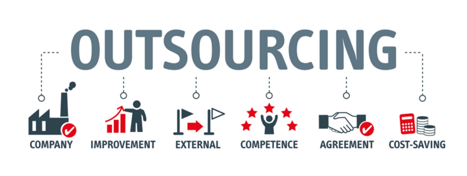 Illustration of outsourcing benefits, highlighting company improvement, external expertise, competence, agreement, and cost-saving.